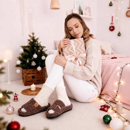 EverFoams Womens Fuzzy Open-toe Slippers Soft Comfy Memory Foam Indoor House Shoes Elegant Mocha, 7-8 US - Image 2