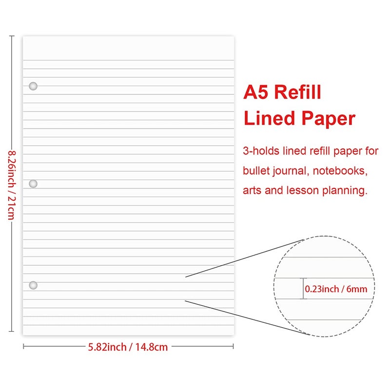 Getvow A5 Lined Paper Refill, 3 Hole Planner Refills, 100Sheets/200Pages, 100gsm White Loose-leaf Binder Paper, 5.8'' x 8.2'' - Image 2