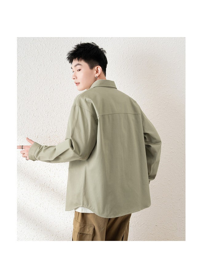 Tonlion Spring Men's Lapel Loose Vintage Workwear Solid Color Long-sleeve Shirt Cardigan Casual, Khaki, L - Image 4