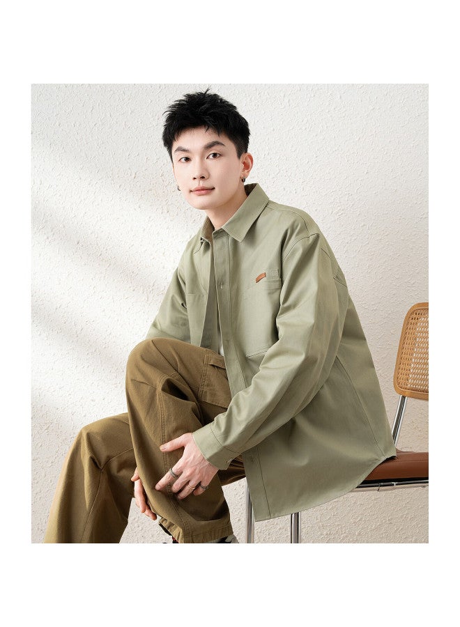 Tonlion Spring Men's Lapel Loose Vintage Workwear Solid Color Long-sleeve Shirt Cardigan Casual, Khaki, L - Image 2