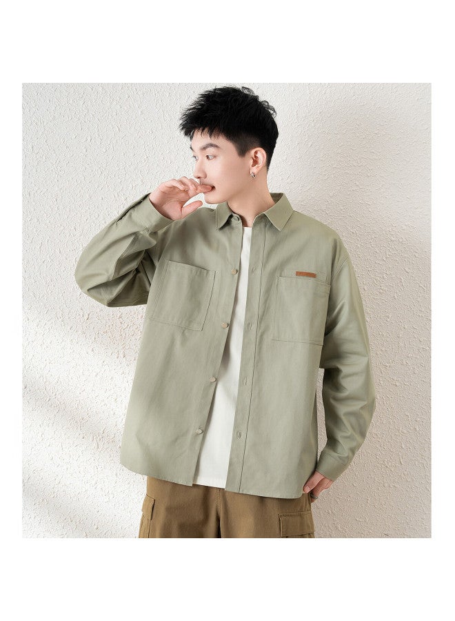 Tonlion Spring Men's Lapel Loose Vintage Workwear Solid Color Long-sleeve Shirt Cardigan Casual, Khaki, L - Image 1
