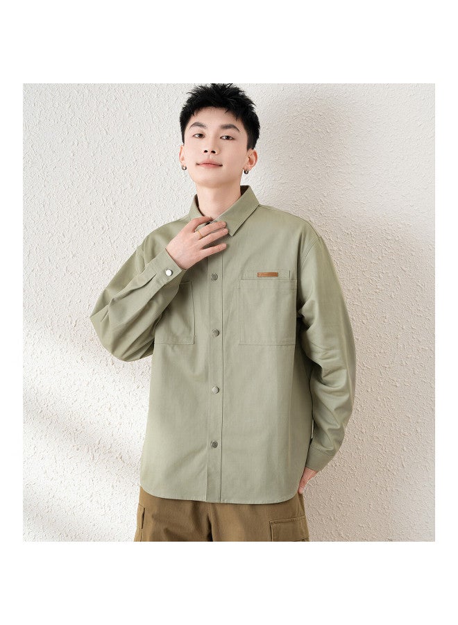 Tonlion Spring Men's Lapel Loose Vintage Workwear Solid Color Long-sleeve Shirt Cardigan Casual, Khaki, L - Image 3
