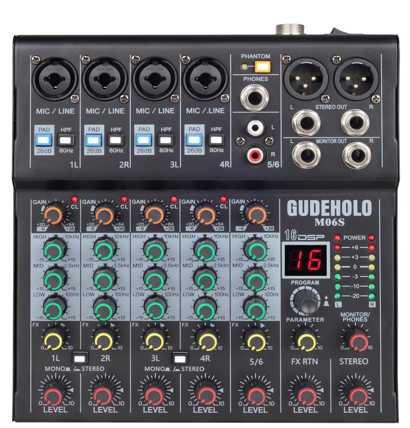 GUDEHOLO 6-Channel Professional DJ Audio Mixer, DJ Controller Sound Mixer DSP 16 Preset Effects, Ideal for Home Party - Image 1