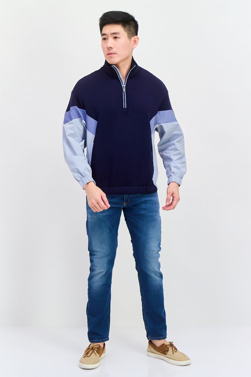 SELECTED Men High Neck Color Block Express Angeles Sweatshirt, Navy/Grey  - Image 4