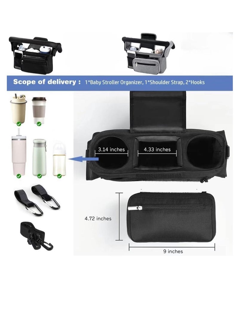 CityRiya-Long Baby Pram Bag Stroller, Stroller Pram Bag Organizer, Phone Bag & Shoulder Strap, 2 Insulated Cup Holder, Buggy Organiser Bag with Shoulder, Pram Bag Pushchair Accessories（Grey） - Image 3