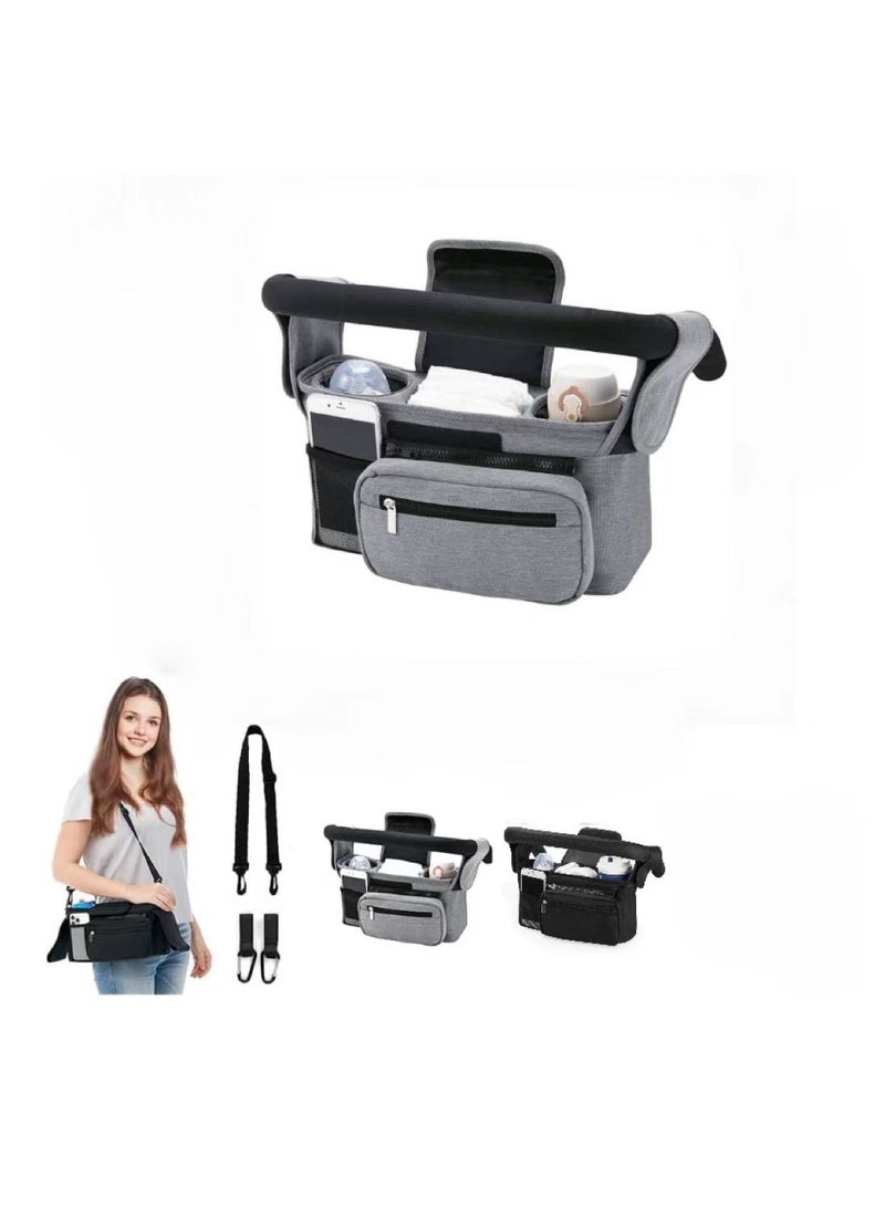 CityRiya-Long Baby Pram Bag Stroller, Stroller Pram Bag Organizer, Phone Bag & Shoulder Strap, 2 Insulated Cup Holder, Buggy Organiser Bag with Shoulder, Pram Bag Pushchair Accessories（Grey） - Image 1