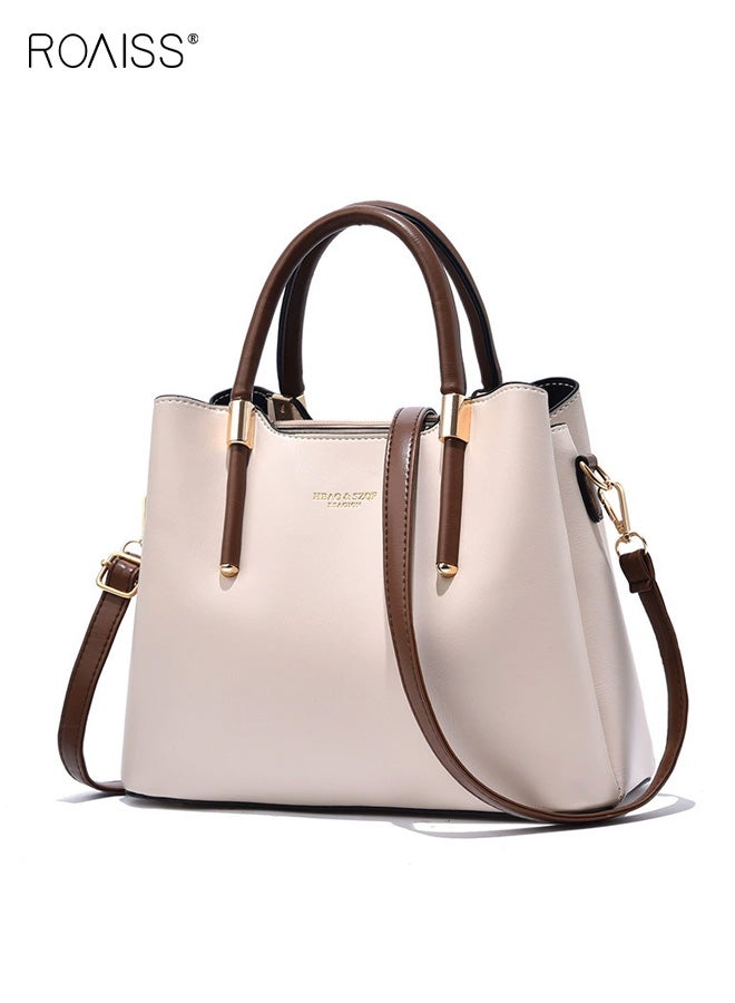 roaiss Fashion Women's PU Soft Leather Handbag Large Capacity Atmospheric Crossbody Bag Zipper Buckle Bucket Bag with Mezzanine Daily Outing Tote Bag Beige - Image 1