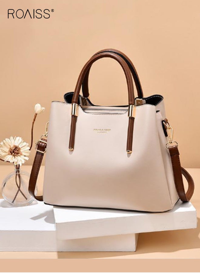 roaiss Fashion Women's PU Soft Leather Handbag Large Capacity Atmospheric Crossbody Bag Zipper Buckle Bucket Bag with Mezzanine Daily Outing Tote Bag Beige - Image 3