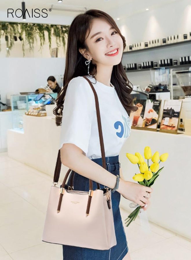 roaiss Fashion Women's PU Soft Leather Handbag Large Capacity Atmospheric Crossbody Bag Zipper Buckle Bucket Bag with Mezzanine Daily Outing Tote Bag Beige - Image 2