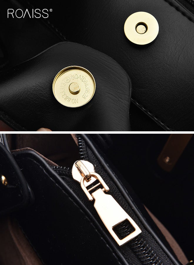 roaiss Fashion Women's PU Soft Leather Handbag Large Capacity Atmospheric Crossbody Bag Zipper Buckle Bucket Bag with Mezzanine Daily Outing Tote Bag Beige - Image 4