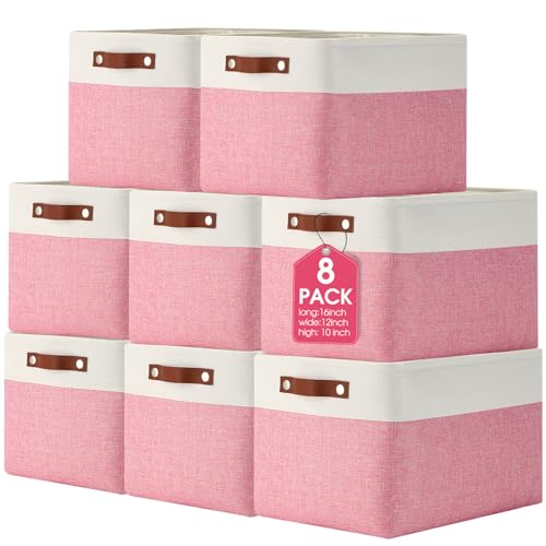Uiifan 8 Pack 16 x 12 x 10 Inch Large Storage Baskets Collapsible Fabric Storage Cubes Bins with Handles for Shelves Closets Nursery Home Clothes Toys Organizers Pink - Image 1