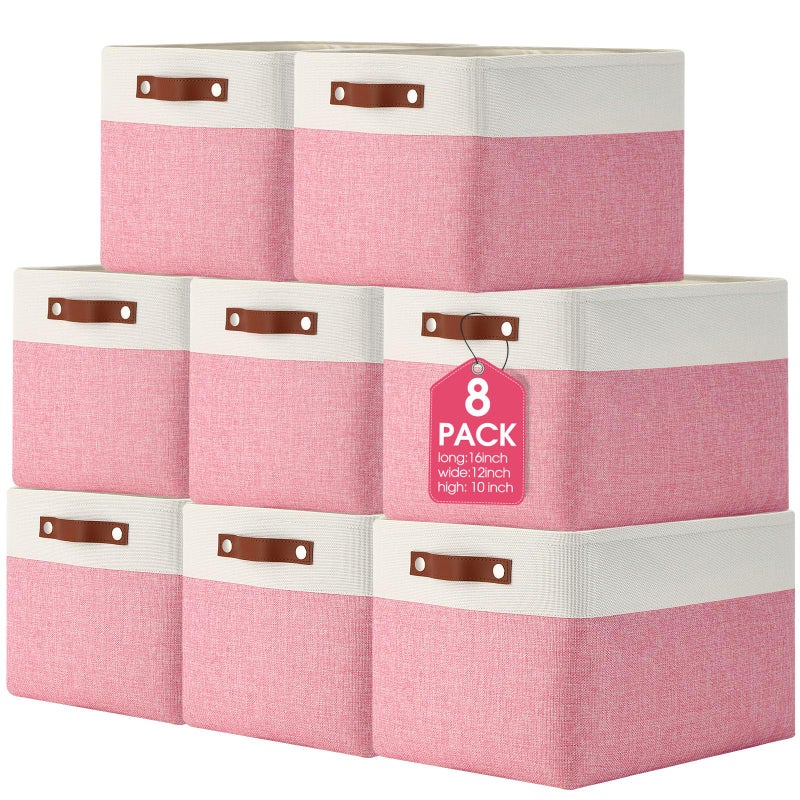 Uiifan 8 Pack 16 x 12 x 10 Inch Large Storage Baskets Collapsible Fabric Storage Cubes Bins with Handles for Shelves Closets Nursery Home Clothes Toys Organizers Pink - Image 2