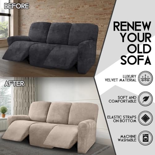 ULTICOR Velvet 8-Pieces Recliner Sofa Covers Stretch Reclining Couch Covers for 3 Cushion Reclining Sofa Slipcovers Furniture Covers Thick Soft Washable (3 Seater Recliner Cover, Taupe) - Image 5