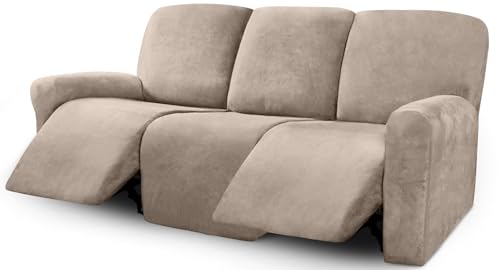 ULTICOR Velvet 8-Pieces Recliner Sofa Covers Stretch Reclining Couch Covers for 3 Cushion Reclining Sofa Slipcovers Furniture Covers Thick Soft Washable (3 Seater Recliner Cover, Taupe) - Image 1