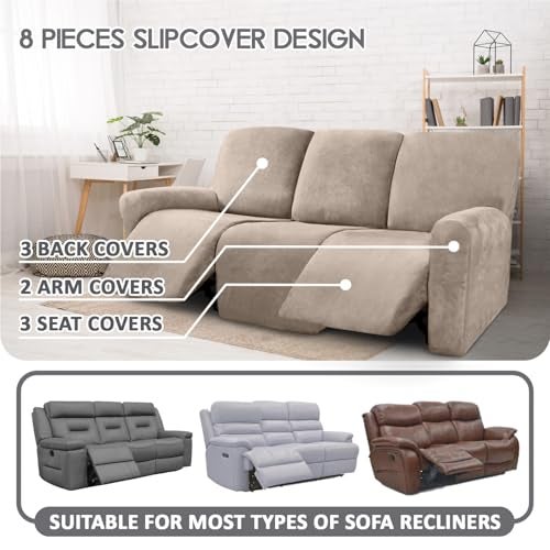 ULTICOR Velvet 8-Pieces Recliner Sofa Covers Stretch Reclining Couch Covers for 3 Cushion Reclining Sofa Slipcovers Furniture Covers Thick Soft Washable (3 Seater Recliner Cover, Taupe) - Image 2