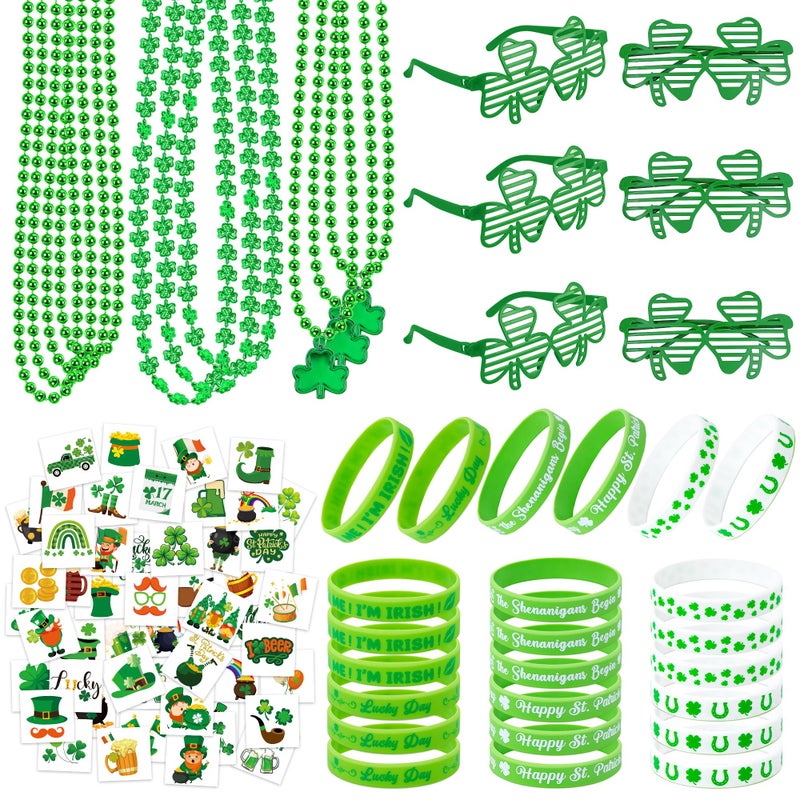 EOBOH 140PCS St Patricks Day Accessories, St. Patrick's Day Glasses Bracelets Tattoos Beads, Irish Glasses Bracelets Tattoos Beads Stuff Bulk, Shamrock Saint Patricks Parade Throw Party Favor Decor - Image 1