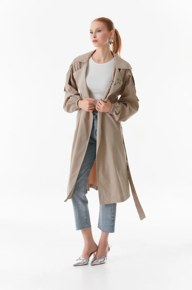 FullaModa Double Breasted Collar Stone Embroidered Trench Coat