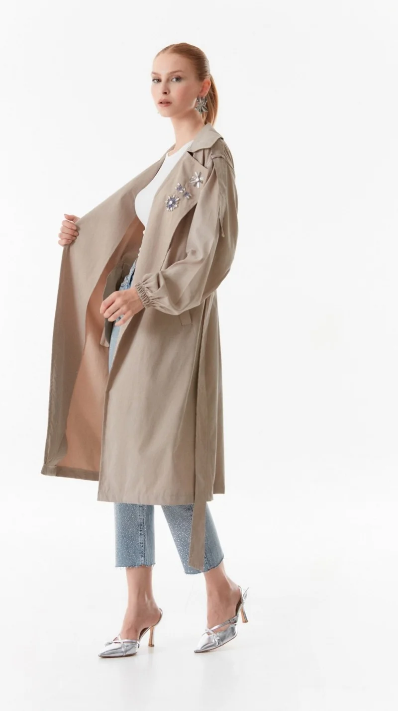 FullaModa Double Breasted Collar Stone Embroidered Trench Coat