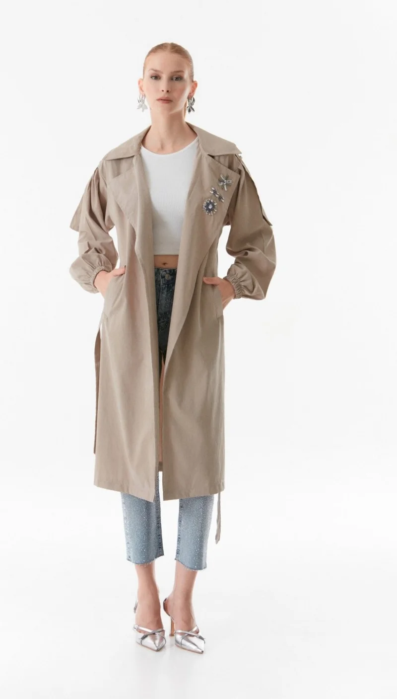 FullaModa Double Breasted Collar Stone Embroidered Trench Coat
