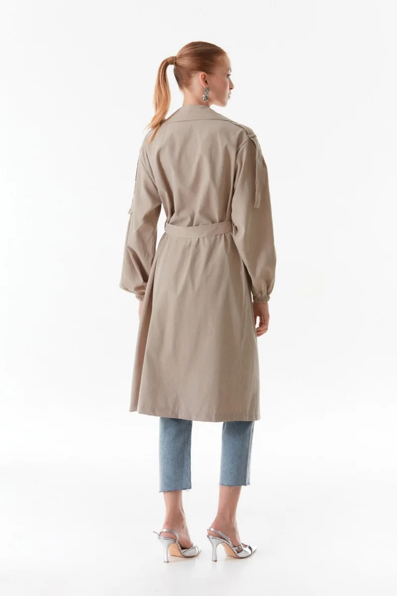 FullaModa Double Breasted Collar Stone Embroidered Trench Coat