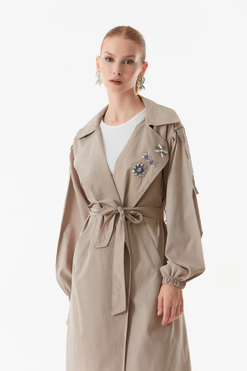 FullaModa Double Breasted Collar Stone Embroidered Trench Coat
