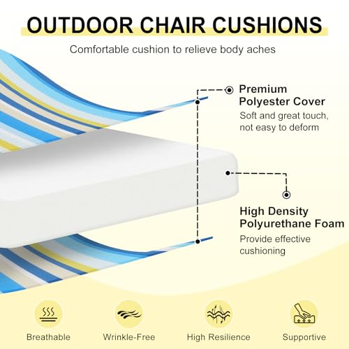 downluxe Outdoor Chair Cushions Set of 4 for Patio Furniture WaterResistant Patio Chair Cushions with Ties High Density Foam Outdoor Seat Cushion 17 X 16 X 2 Blue Stripes - Image 3