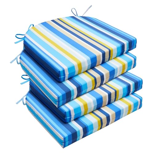 downluxe Outdoor Chair Cushions Set of 4 for Patio Furniture WaterResistant Patio Chair Cushions with Ties High Density Foam Outdoor Seat Cushion 17 X 16 X 2 Blue Stripes - Image 1