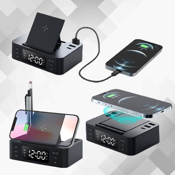 DIGITAL ALARM CLOCK WITH 15W WIRELESS CHARGER AND PEN HOLDER 2 USB 1 TYPE C OUTPUT MOBILE STAND DUAL ALARMS 1224H TIME MODE BRIGHTNESS CONTROL