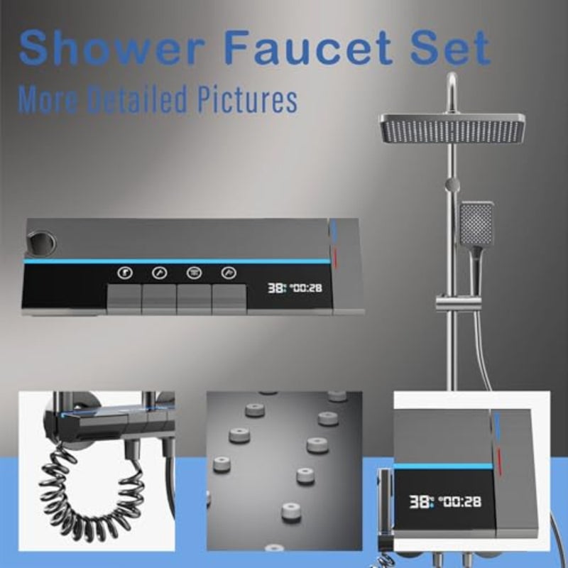 Shower Faucet Set, Switchable Shower Mixer with 4 Different Water Modes, Spout, Hand Shower, Rain Shower and Hand Spray, Equipped with Water Temperature and Time Display, Wall Mount for Bathroom - Image 2