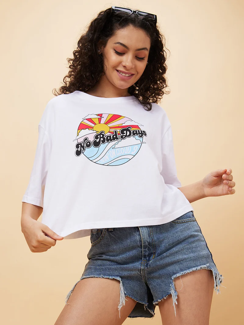 Women Typography Printed Drop Shoulder Sleeves Pure Cotton Oversized Crop T-Shirt