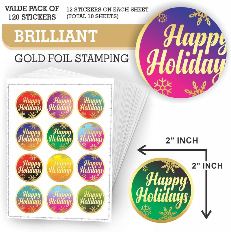 PARTH IMPEX Happy Holidays Stickers - (Pack of 120) 2" Large Round Gold Foil Stamping Labels for Christmas Cards Gift Envelope Seals Boxes - Image 2