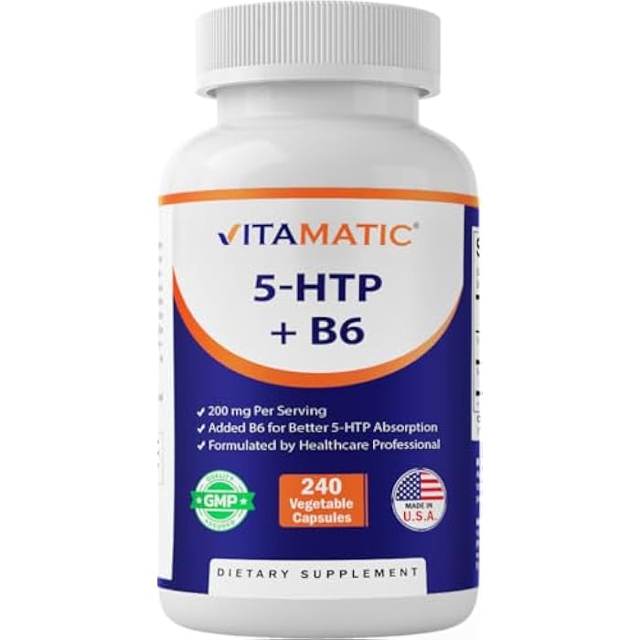 Vitamatic 5-HTP 200mg with B6 5mg Per Serving - 240 Vegetarian Capsules (5-Hydroxytryptophan) - (Griffonia Simplicifolia Seed Extract) - Image 1