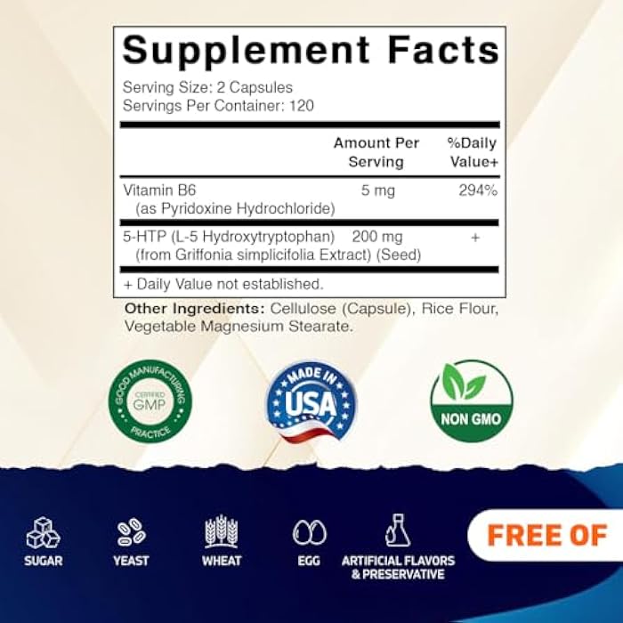 Vitamatic 5-HTP 200mg with B6 5mg Per Serving - 240 Vegetarian Capsules (5-Hydroxytryptophan) - (Griffonia Simplicifolia Seed Extract) - Image 2