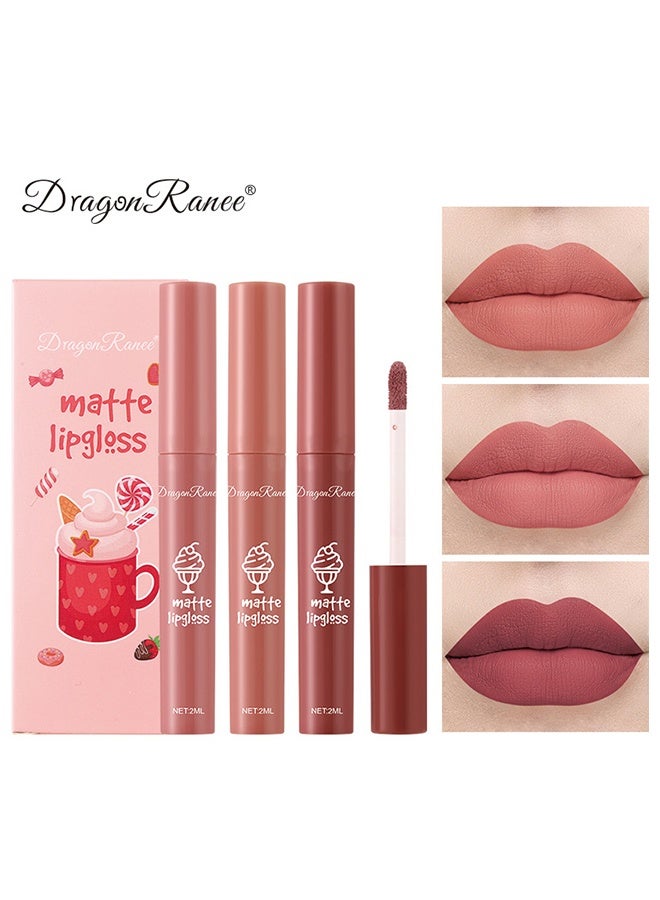 راني دراجون لمعان شفاه مطفي - طقم مكون من 3 قطع، أحمر شفاه مقاوم للماء طويل الأمد، غير ملتصق بالكوب، لا يتلاشى، طقم أحمر شفاه حريري سائل، قلم تلوين شفاه ناعم، أحمر شفاه للسيدات - Image 1
