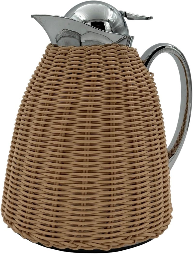 B&D Rattan Woven Thermal Carafe, Natural Wicker with Chrome Finish, 1L Vacuum Flask - Image 3