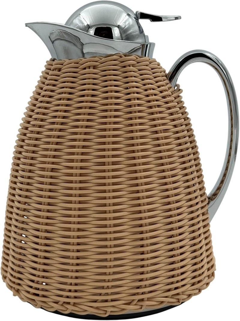 B&D Rattan Woven Thermal Carafe, Natural Wicker with Chrome Finish, 1L Vacuum Flask - Image 1