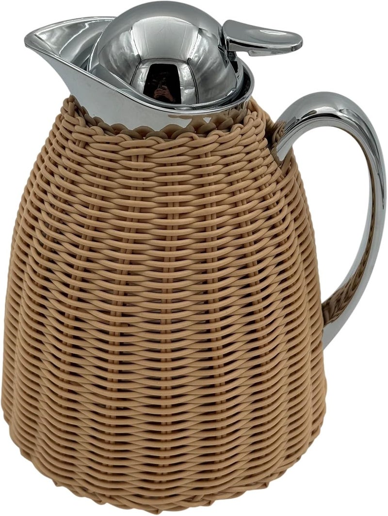 B&D Rattan Woven Thermal Carafe, Natural Wicker with Chrome Finish, 1L Vacuum Flask - Image 2