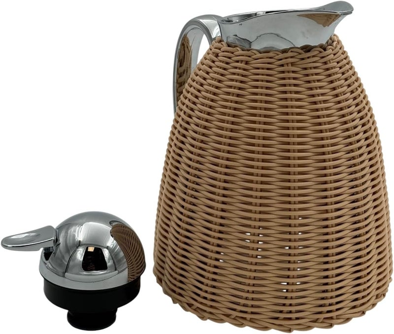 B&D Rattan Woven Thermal Carafe, Natural Wicker with Chrome Finish, 1L Vacuum Flask - Image 5