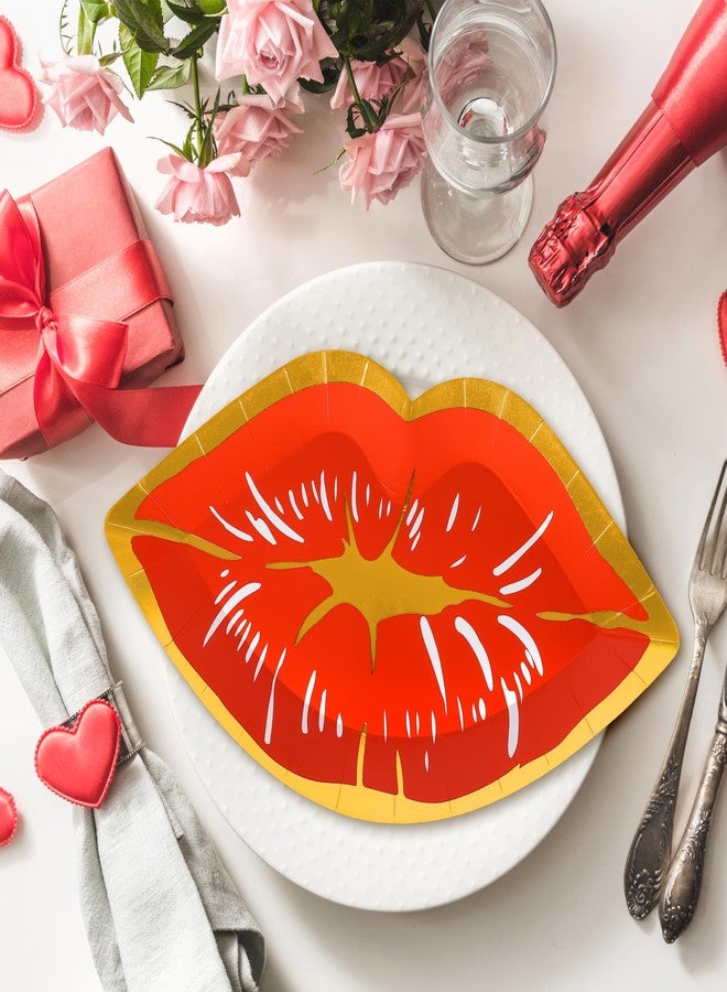 JarThenaAMCS 40Pcs Valentine’s Day Paper Plates Red Lips Shape Disposable Plates Gold Foil Border Decorative Tableware for Dessert Appetizer Wedding Anniversary Party Decor Supplies - Image 5