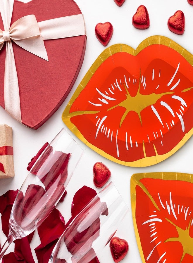 JarThenaAMCS 40Pcs Valentine’s Day Paper Plates Red Lips Shape Disposable Plates Gold Foil Border Decorative Tableware for Dessert Appetizer Wedding Anniversary Party Decor Supplies - Image 4