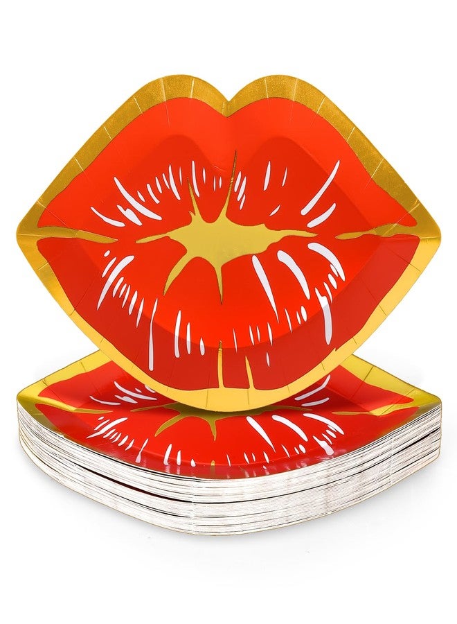 JarThenaAMCS 40Pcs Valentine’s Day Paper Plates Red Lips Shape Disposable Plates Gold Foil Border Decorative Tableware for Dessert Appetizer Wedding Anniversary Party Decor Supplies - Image 1