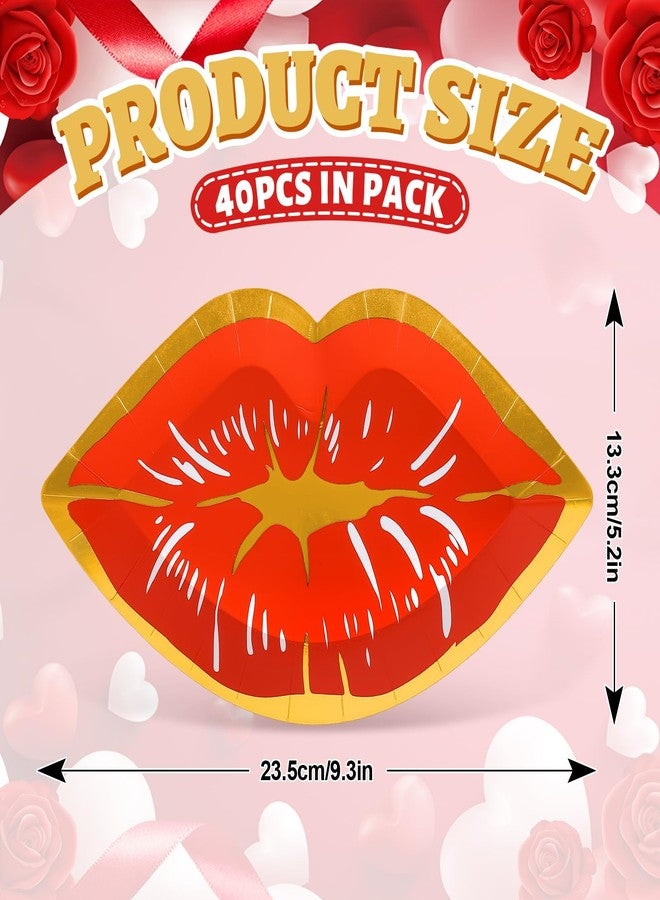 JarThenaAMCS 40Pcs Valentine’s Day Paper Plates Red Lips Shape Disposable Plates Gold Foil Border Decorative Tableware for Dessert Appetizer Wedding Anniversary Party Decor Supplies - Image 2