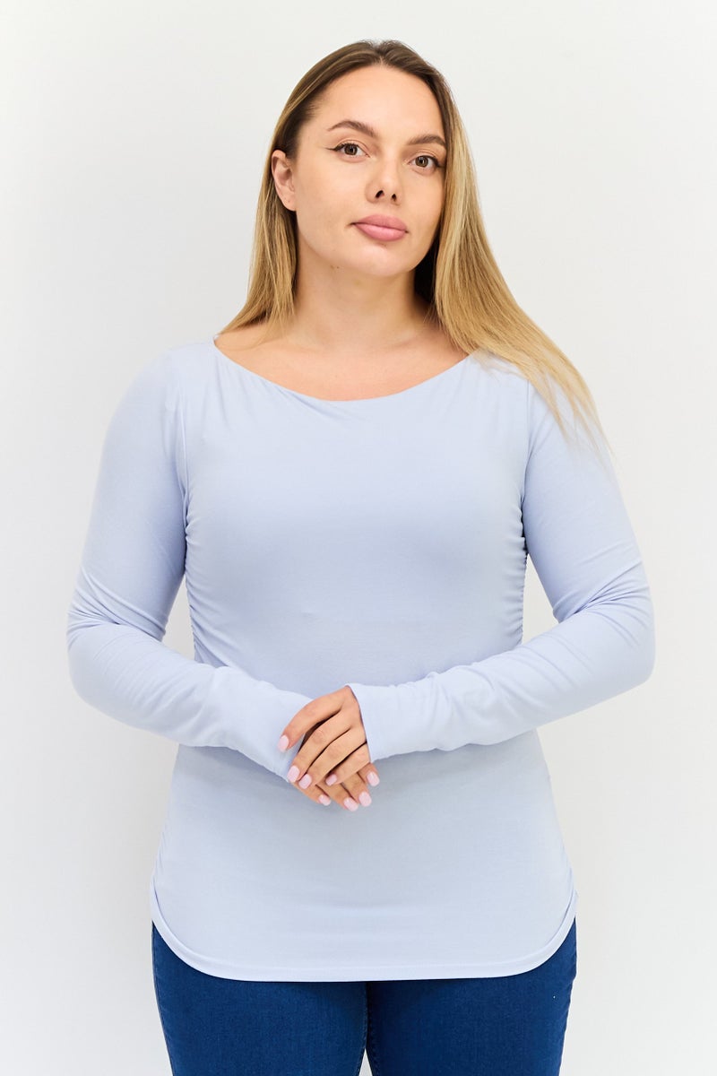 bebe Women Boat Neck Long Sleeve Solid T Shirt, Light Blue - Image 1