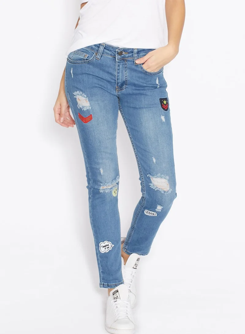 Ginger Badge Ripped Straight Jeans