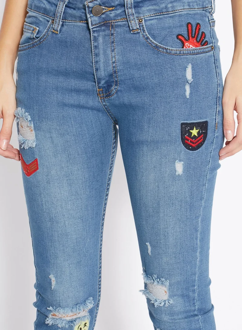 Ginger Badge Ripped Straight Jeans