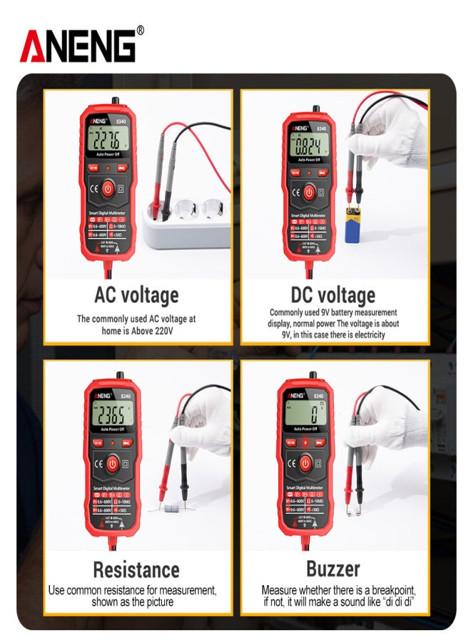 ANENG 8340 Smart Digital Multimeter Auto Recognition 1999 Counts Voltmeter Electric Test Pen with Backlight Screen Flashlight NCV Induction AC DC Voltage Resistance Breakpoint Live Wire Testing - Image 3