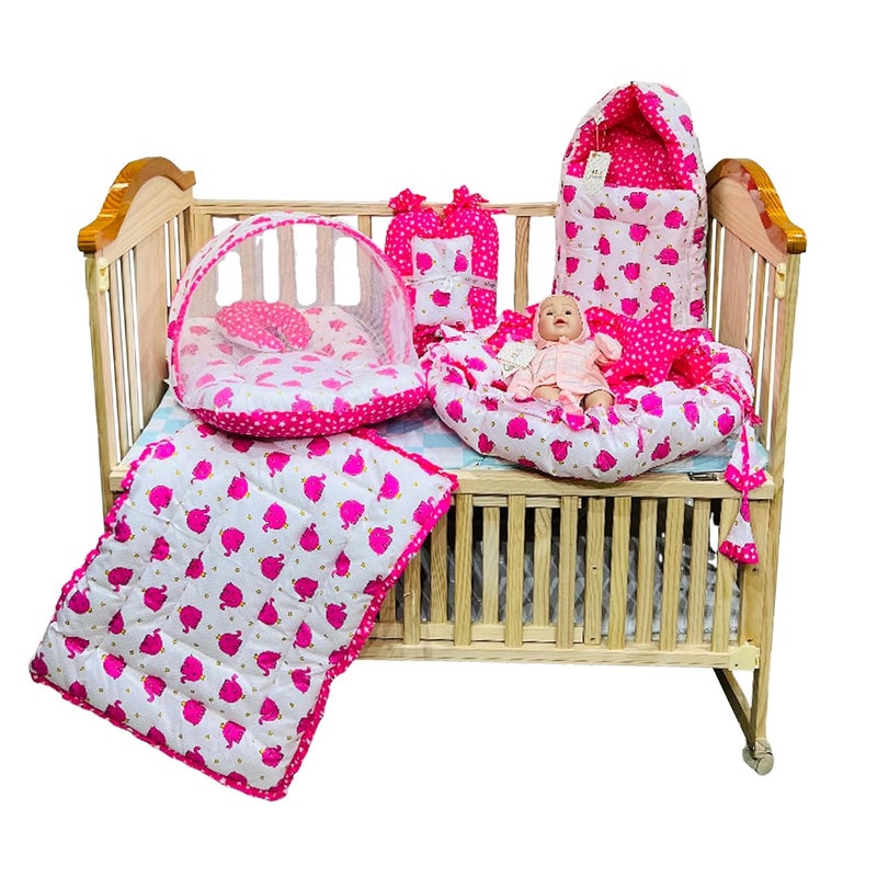 Infantbond Designer Mattress with Net Portable Bed Travel Friendly Infant Comfy Sleep Sleeping Bag for Kids Baby Carry Comfortable Set Age 06 Months Pink Elephant