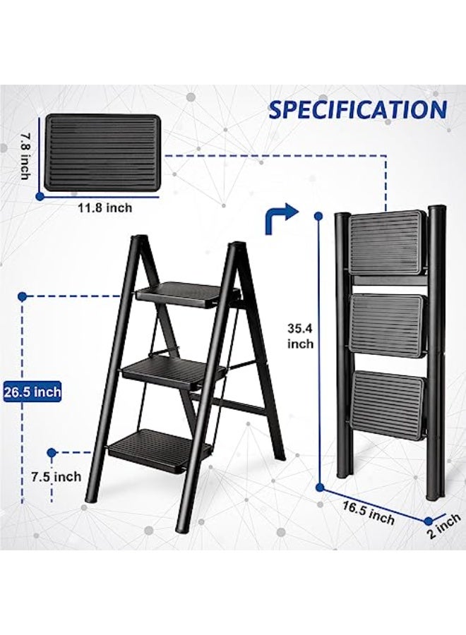 3 Step Ladder with Anti-Slip and Wide Pedal 330lbs Capacity Folding Step Ladder for Household Kitchen Office(Black-P, 3 Step Ladder) - Image 5