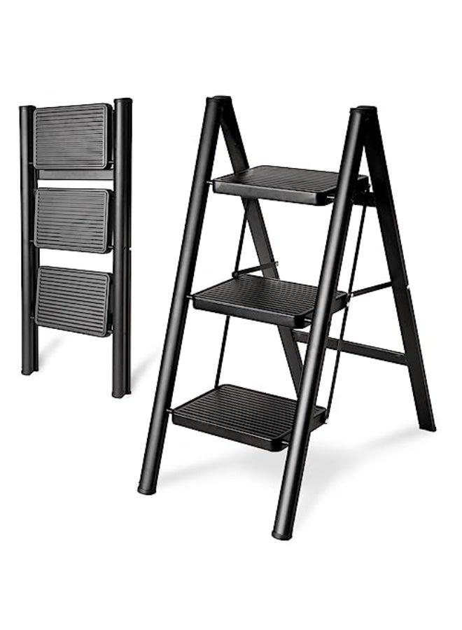 3 Step Ladder with Anti-Slip and Wide Pedal 330lbs Capacity Folding Step Ladder for Household Kitchen Office(Black-P, 3 Step Ladder) - Image 1