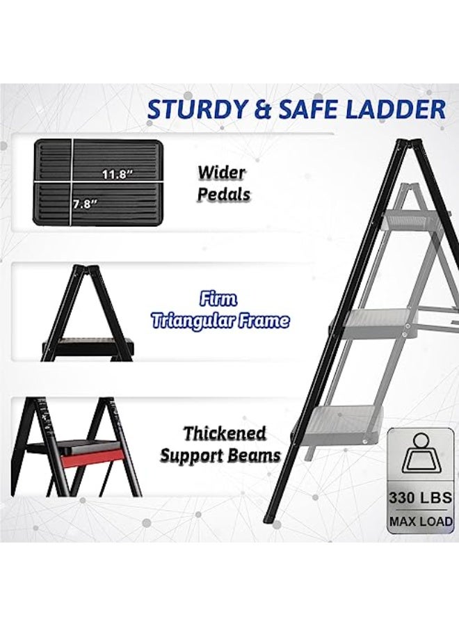 3 Step Ladder with Anti-Slip and Wide Pedal 330lbs Capacity Folding Step Ladder for Household Kitchen Office(Black-P, 3 Step Ladder) - Image 3